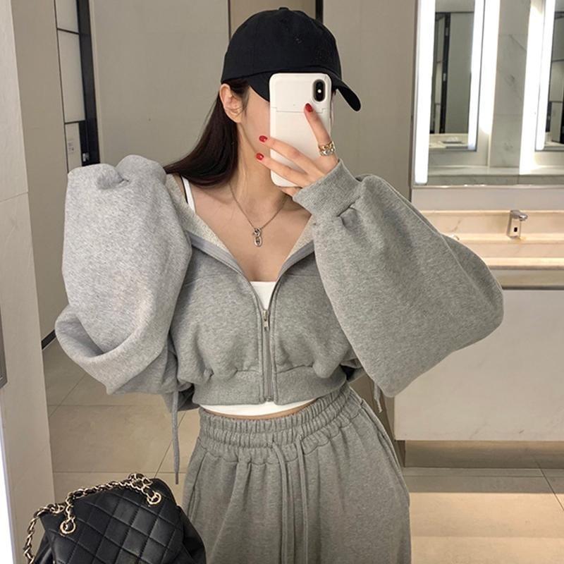 Korean Hooded Cardigan Sweatshirt Set for Petite Women Solid Color Casual Loose Top High Waist Straight Leg Pants Two-piece Set