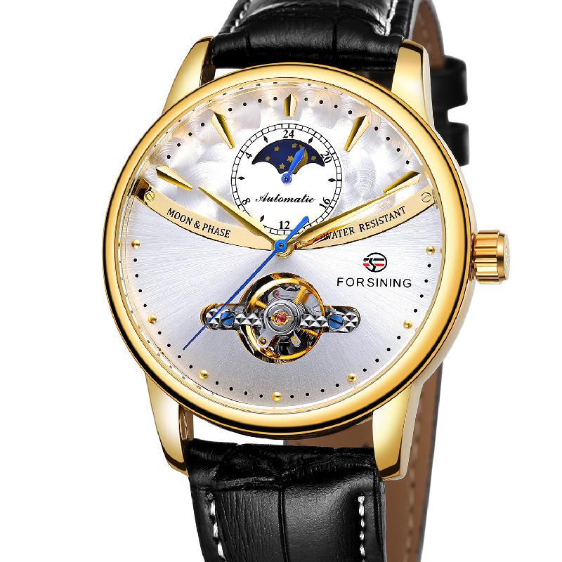 FORSINING Mens Watch Automatic Mechanical Classic Tourbillon Skeleton 24H Day Night Indicator Leather Band Male Dress Wristwatch