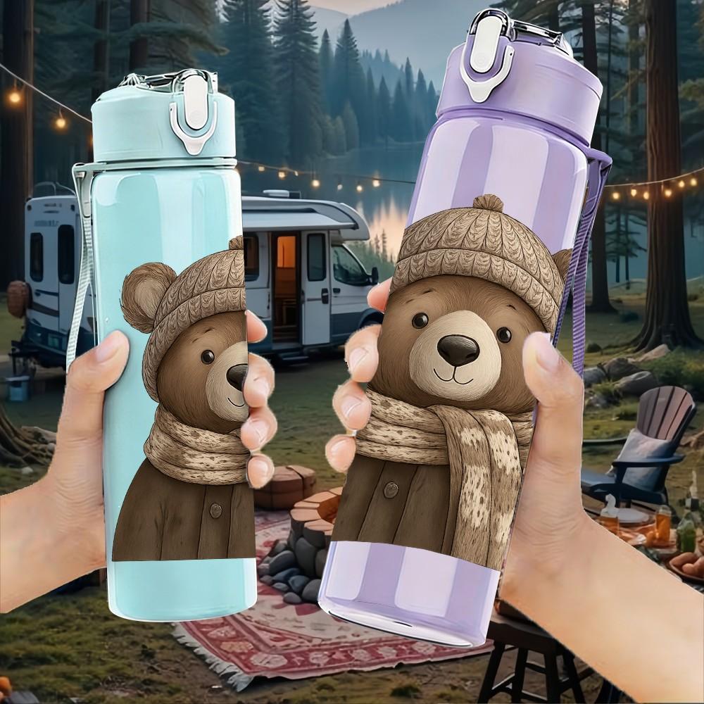 1PC Warm Scarf Bear Cartoon 750ml Color Plastic Sports Water Bottle Leakproof Flip Straw Lid Suitable for Sports Office Home Use