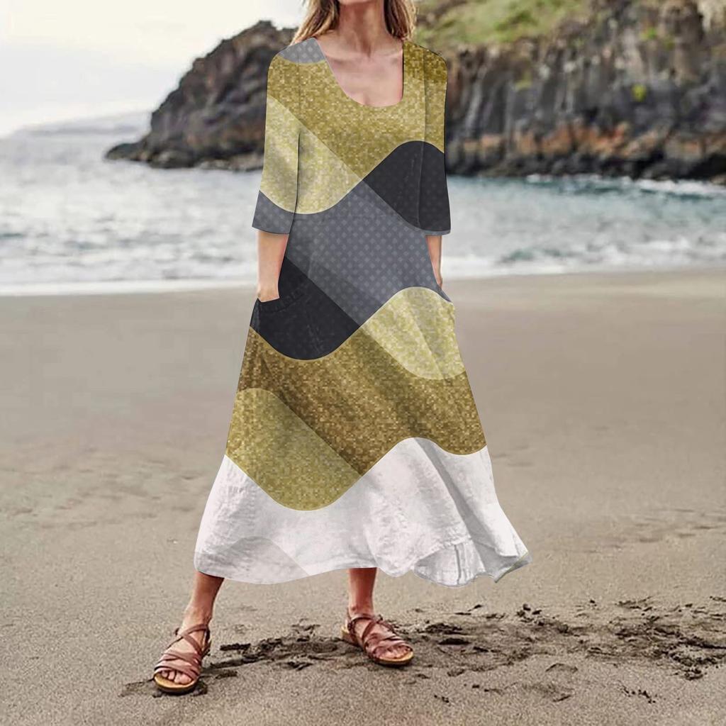 Женское повседневное модное удобное платье с карманами и рукавами 3/4 с принтом