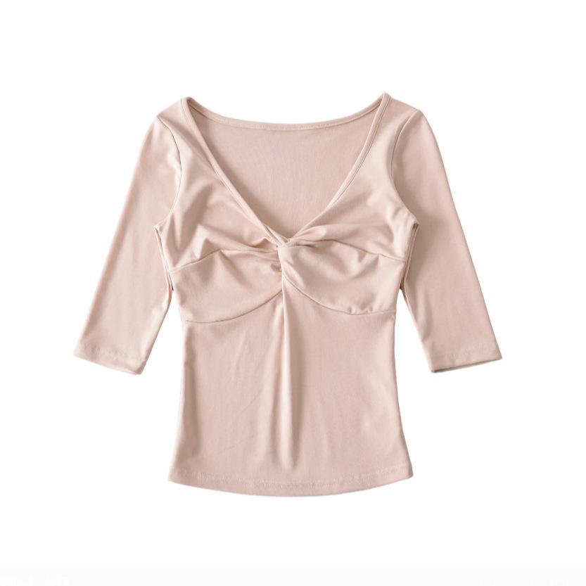 Deep V-Neck Kink Medium Sleeve T-Shirt Women's Summer New American Spice Girl Style Solid Color Slim Skinny Bottom Top