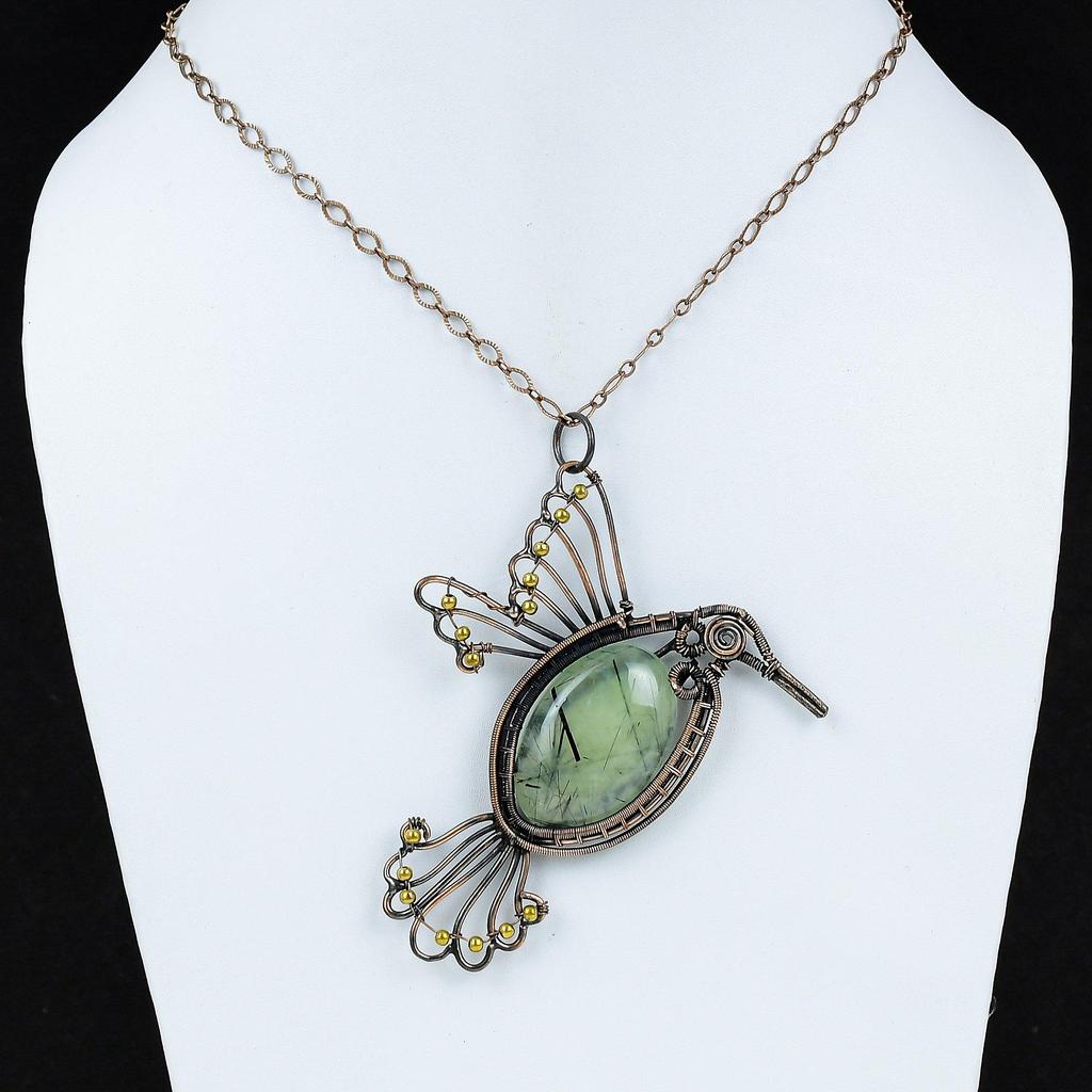 Подвеска из мха-пренита Медная проволока Обернутая подвеска Драгоценный камень Медные украшения Изысканный кулон Ювелирные изделия в виде птиц Дизайнерский кулон ручной работы Подарок для него