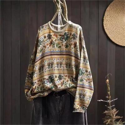 Женский осенний нишевый винтажный повседневный свободный ретро-свитер с длинными рукавами в китайском стиле с принтом