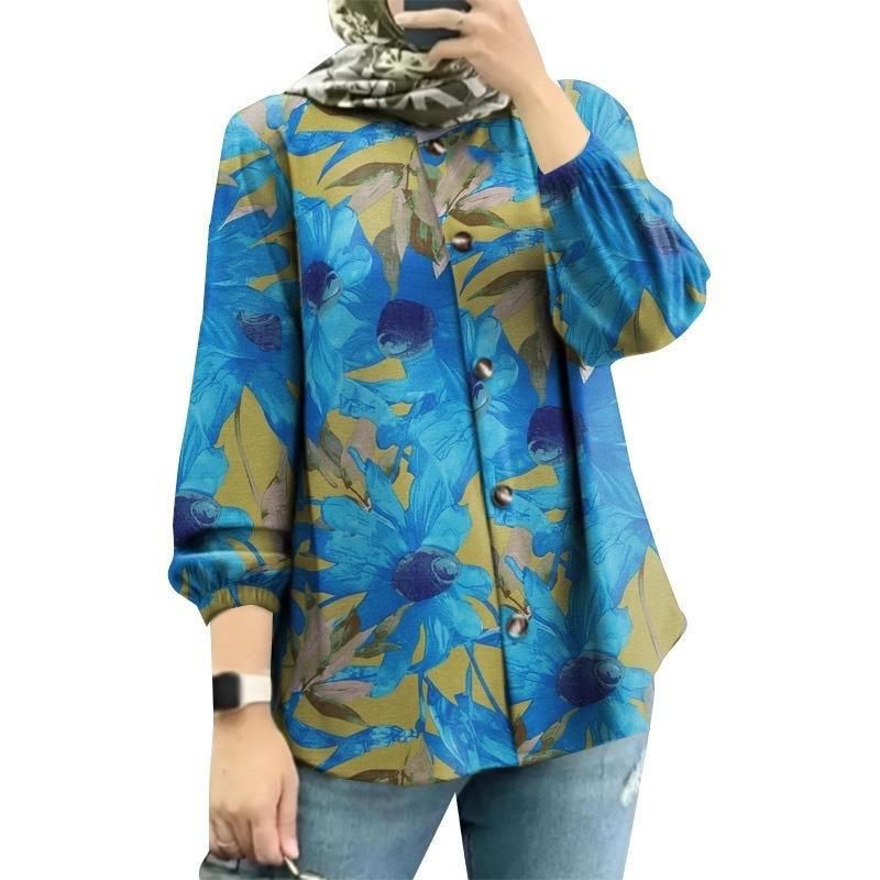 Большие размеры Женская новая цветочная модная рубашка с пышными рукавами