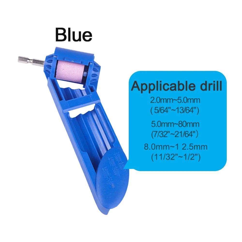 Portable drill bit sharpener and grinder hand held power tool for twist drill bits – 1 blue sharpener 4 replacement heads 1 wrench blue