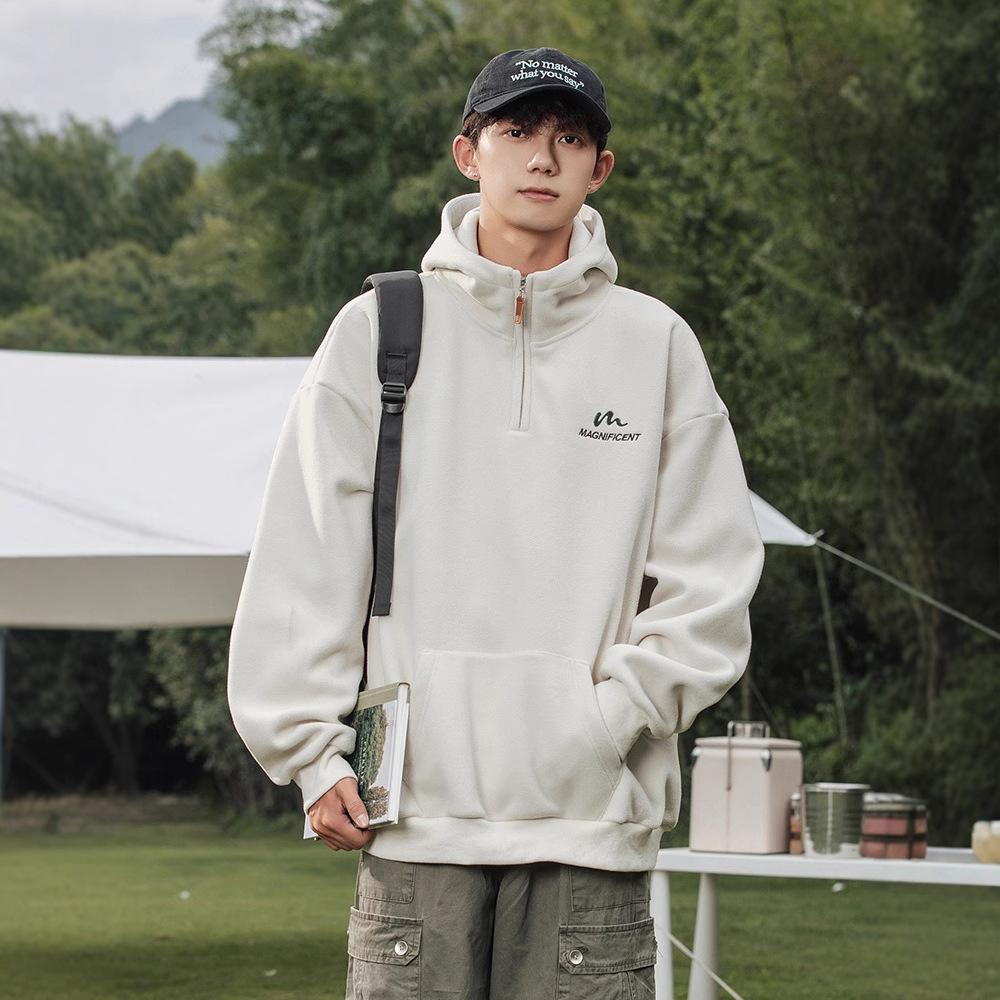 Мужской зимний утолщенный свитер на молнии с капюшоном, однотонный американский топ, теплая куртка