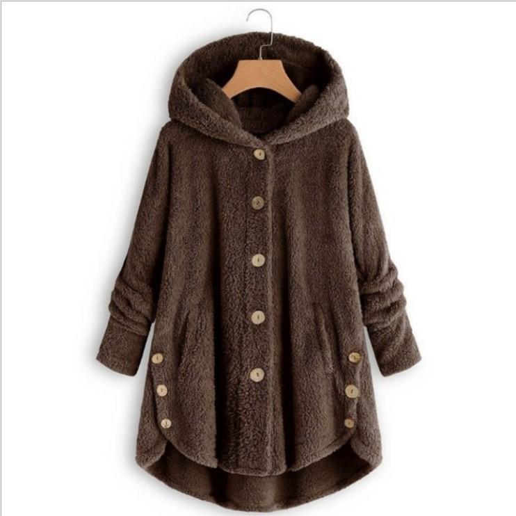Women's Coat Button Plush Solid Color Hooded Jacket