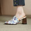 Mules Cow Skin Spring Summer Size 43 Size 42 Gingham Sandals Women Thick Heels Women Square Toe Slip On Pumps