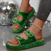 New Fashion Sequined Belt Buckle Thick-bottomed Cool Slippers, Large-size Flat-heeled Slippers for Summer Wear