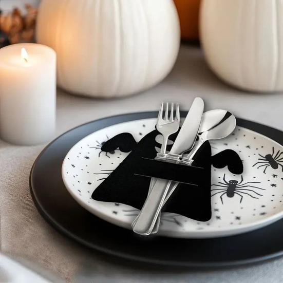 12Pcs Halloween Bat Spoon Fork Holder Spooky Pumpkin Skeleton Ghost Spider Black Cat Cutlery Felt Cover Holiday Party Dining Table Decoration