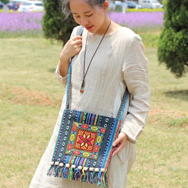 WTEMPO Ethnic Style Embroidered Single Shoulder Bags Women Casual Retro Tassel Leisure Vacation Travel Messenger Bags