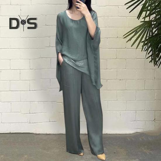 Женский повседневный костюм, топ, широкие брюки, свободный наряд для дома, вечеринки, офиса, с круглым вырезом, с рукавами «летучая мышь», комьютерный костюм