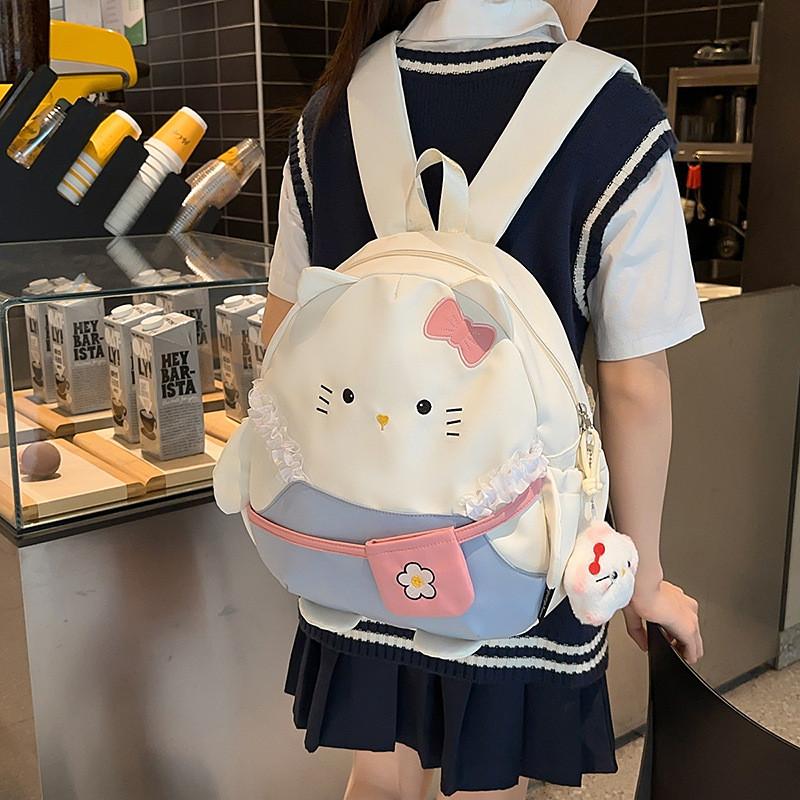 Cat Cartoon Embroidered Backpack For Girls Large Capacity Nylon School Bag With Zipper Closure For Daily Use