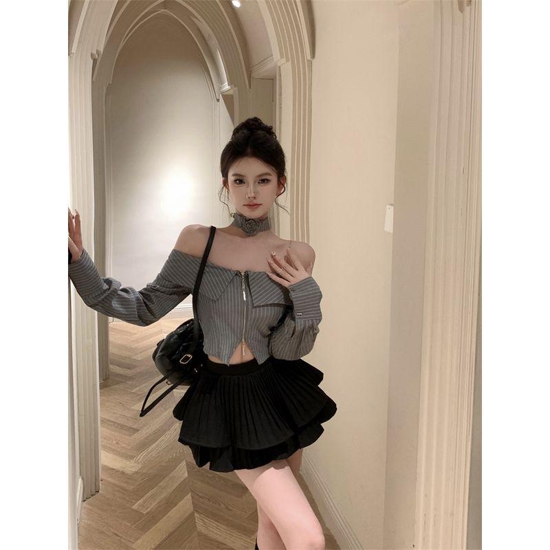 Kumikumi Design Sense off-Shoulder Flower Hanging Neck Stripe Shirts Women Clothes Autumn Slimming Skirt Two-piece Set