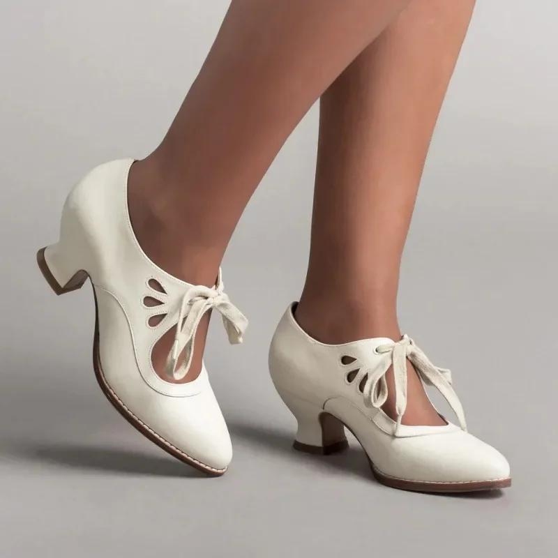2024 2024 Женские туфли-лодочки Mary Jane Shoes Европейские и американские новые элегантные туфли на низком каблуке со шнуровкой Большие женские туфли 2024 Весна