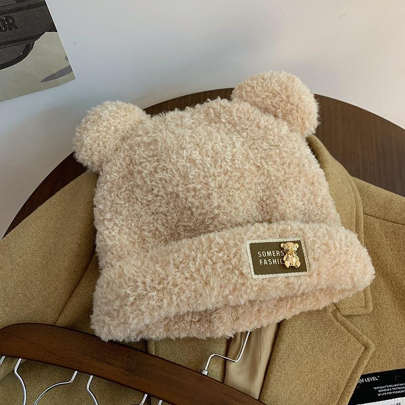 Cute Bear Wool Hat Women's Winter Thickened Plush Warm Plush Bald Hat Autumn and Winter Big Head Circumference Knitted Hat