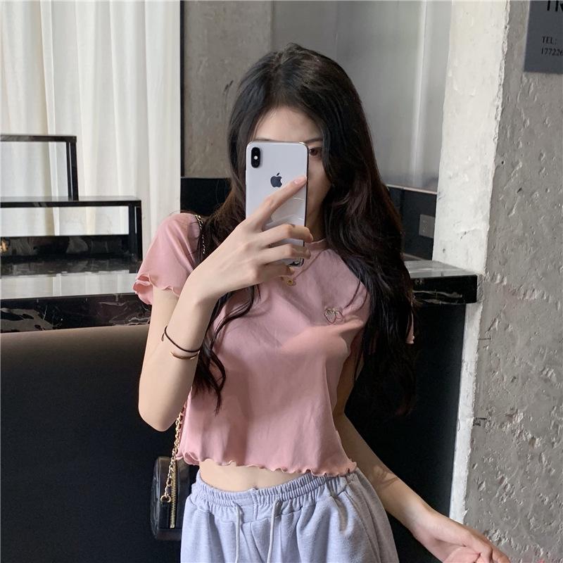 2024 Summer Hot Girl Embroidered Slim Short-Sleeve Crop Top