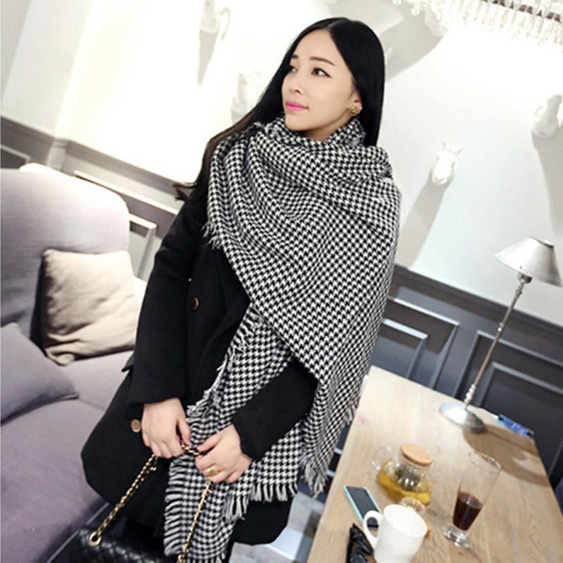 New Thousand Birds Grid Imitation Cashmere Scarf, Black and White Thickened Grid Scarf, Shawl, Women's