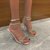 European Stiletto Rhinestone Sandals with Crystal Heels and Transparent Fabric