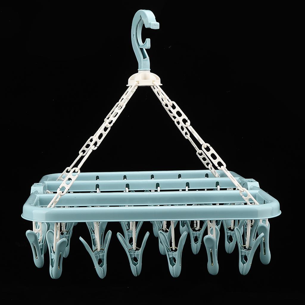 Laundry Hanger with 32 Clips Foldable Laundry Clothespin Drying Rack for Socks Underwear Bras ScarfBlue