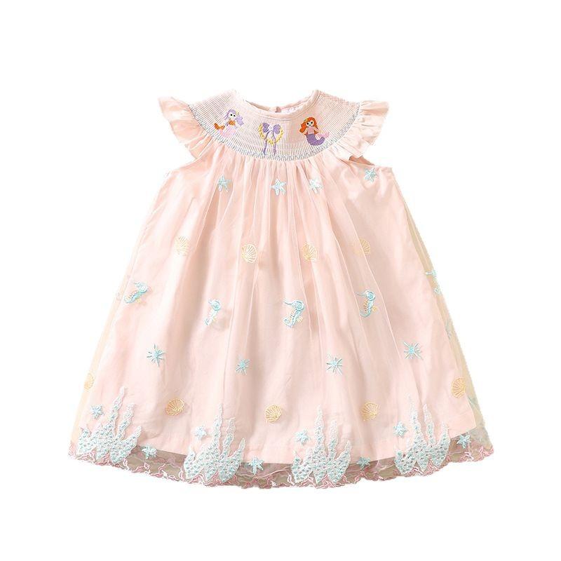 Summer Girls Mermaid Embroidered Tulle Princess Dress Flutter Sleeve Puffy Party Gown For Toddler Kids Baby