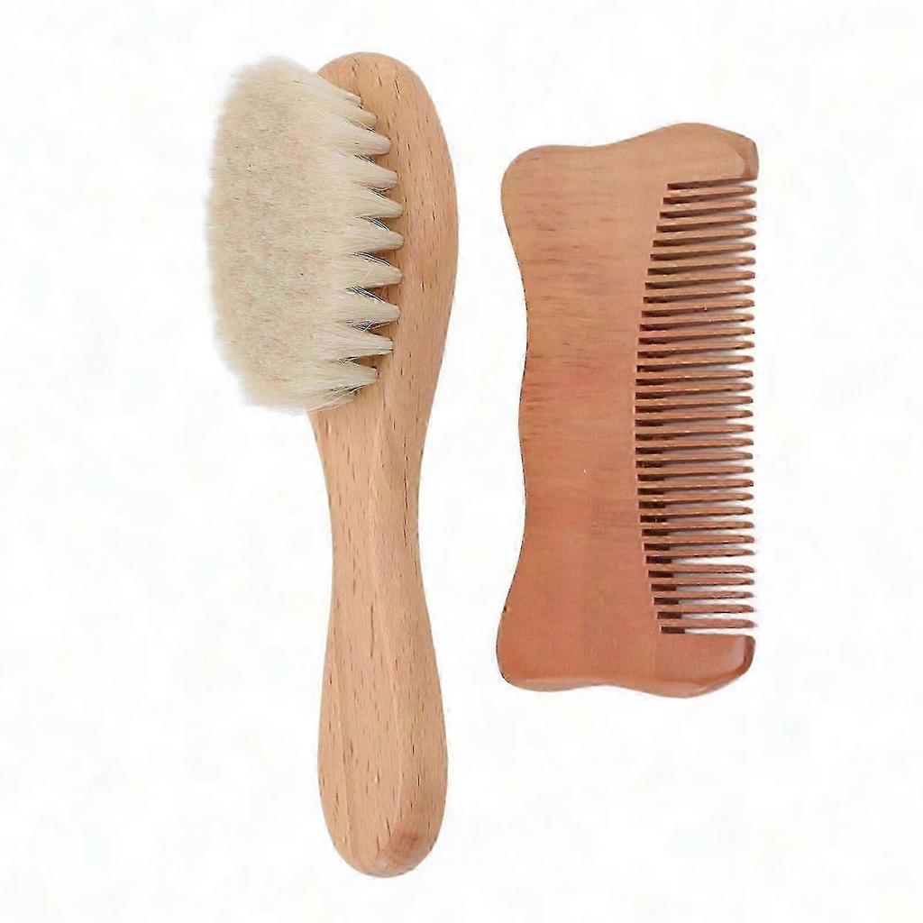Wooden Hair Brush & Comb Set - Natural Baby & Beard Grooming Kit with Styling Oil Applicator - Soft Bristles for Daily Care
