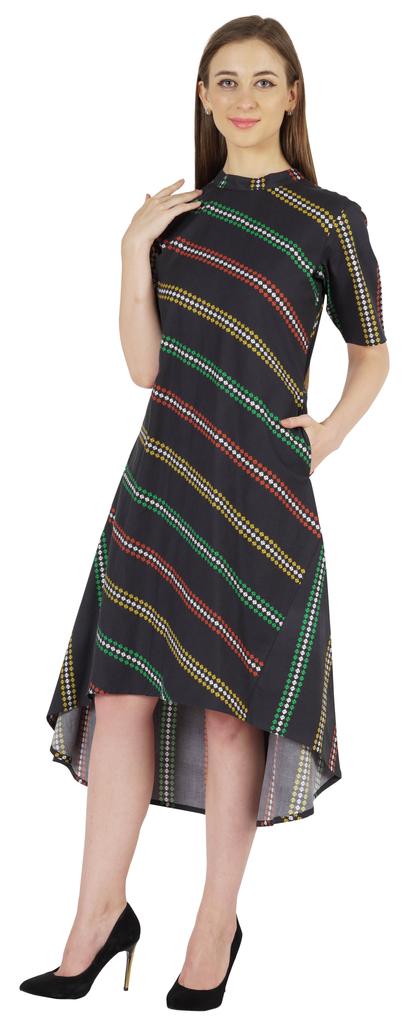 Phagun Printed Cotton Dress W Pockets Mandarin Collar Asymmetrical Knee Length Dress For