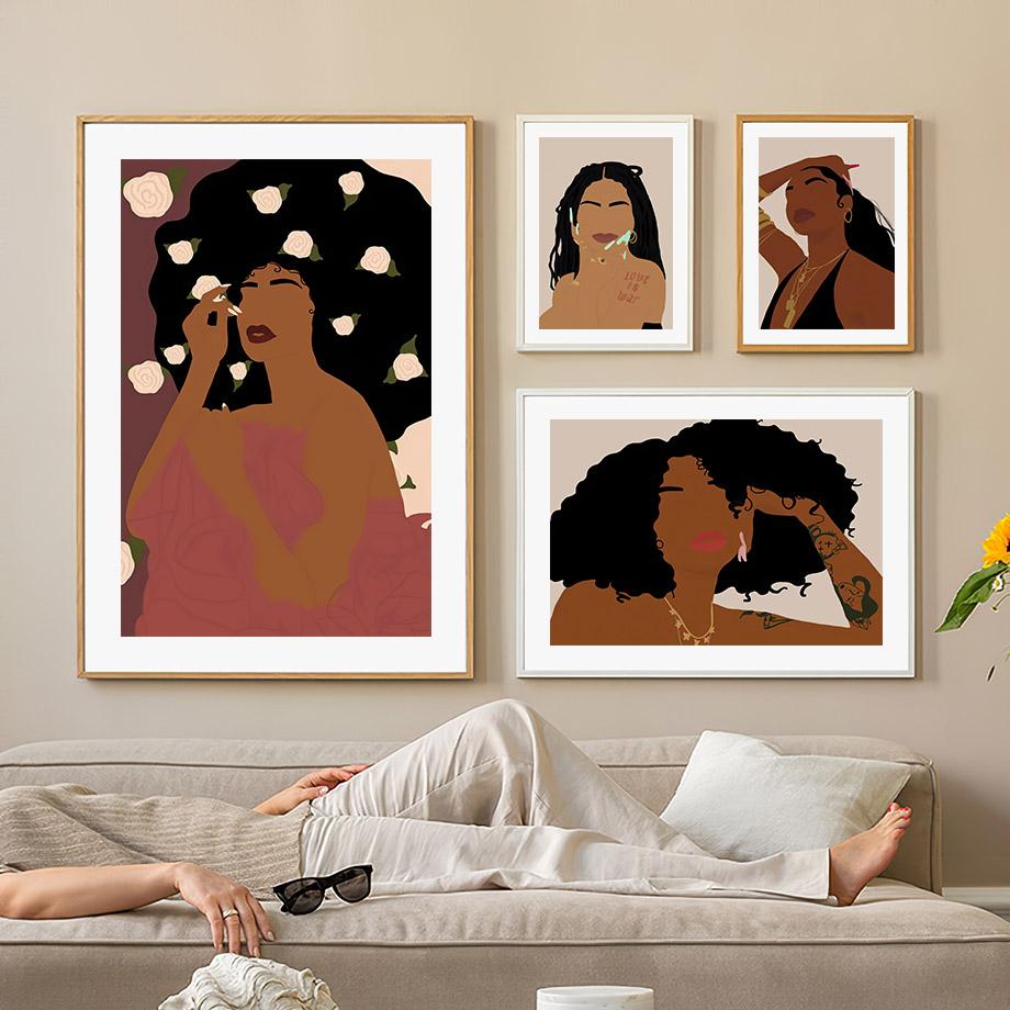 Очки с цветком, модные поп-черные девушки, настенное искусство, холст, живопись, постеры и принты, настенные панно для гостиной, украшения дома