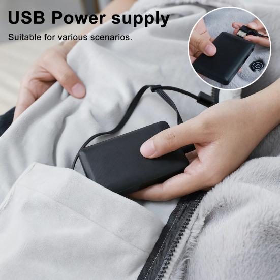 USB Heated Shawl Blanket 2-in-1 Wearable Electric Wrap with Zipper Quick Heat Wireless Heating