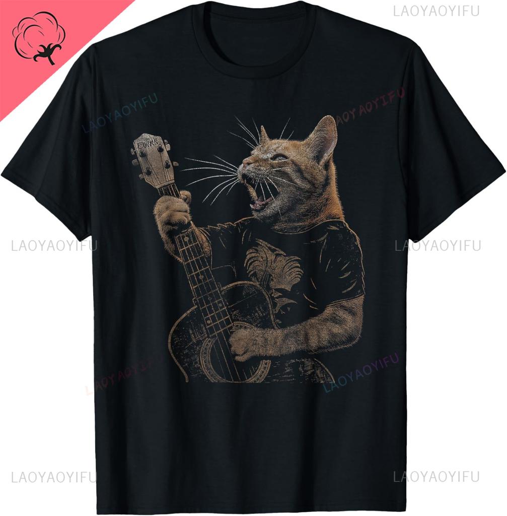 Cat Playing Guitar Rock Star Rock and Roll for Men Women T-Shirt Print Original Design Gifts T Shirts Camiseta Hombre
