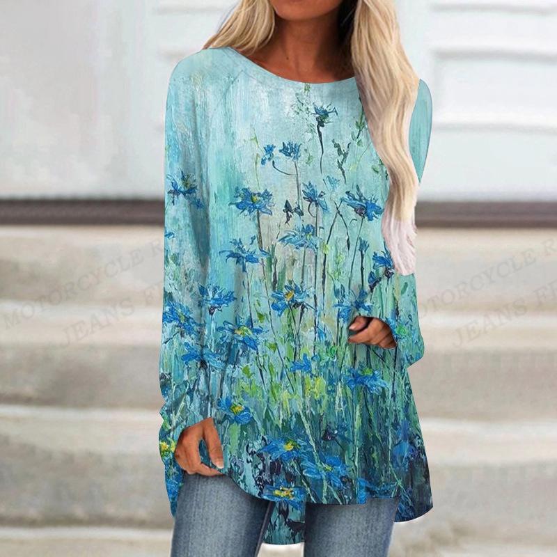 2023 Women's T-shirt Abstract Painting Print Tshirt Women Fashion T-shirt Plant Flowers T Shirt Long Sleeve Tops Tees Butterfly