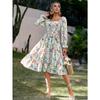 Summer Square Collar Floral Print Dress Women Elegant Fashion Long Sleeve Vintage Dress Plus Size High Waist A-line Party Loose Casual Dresses 1330