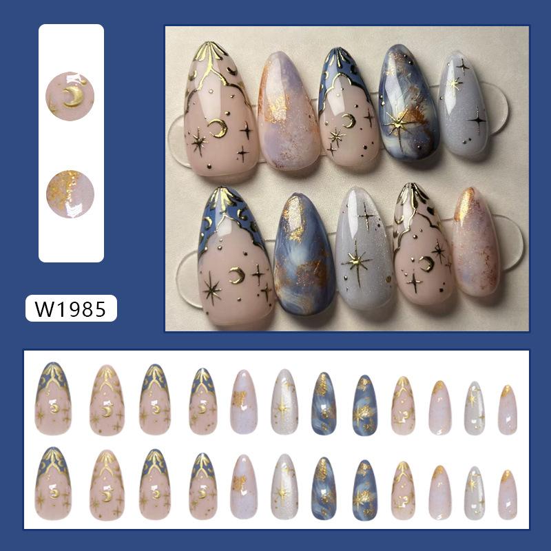 Three-dimensional star and moon smudge wave French streamer cat's eye removable manicure 24 pieces press on nails