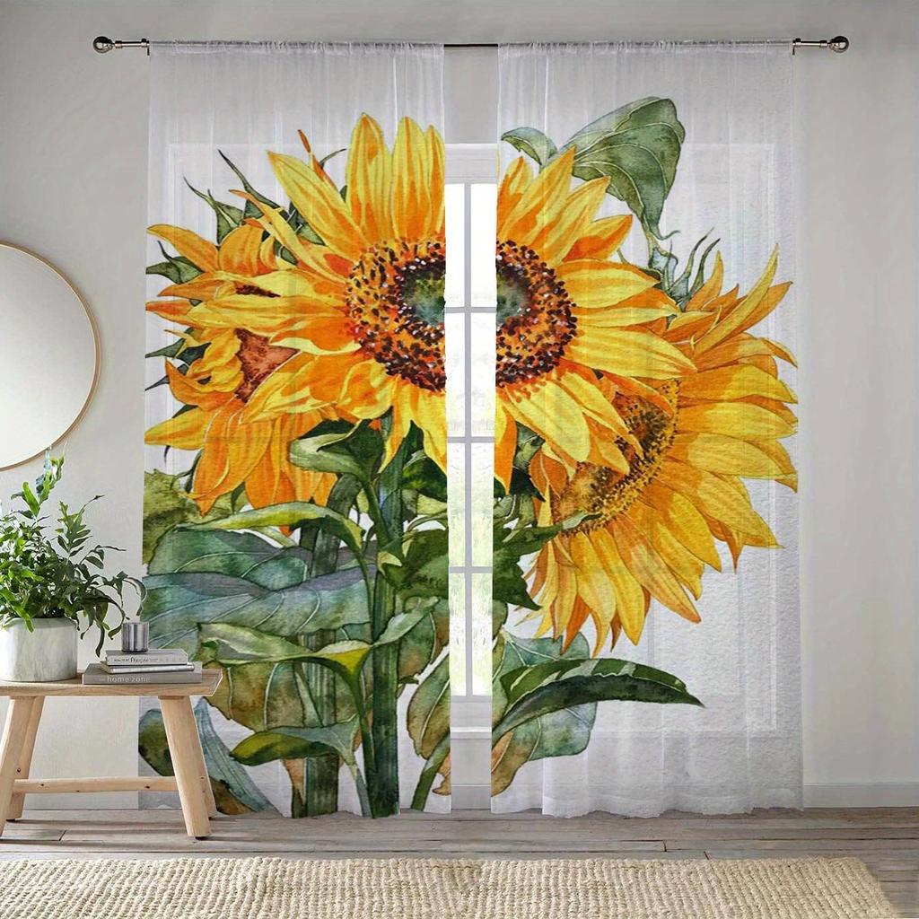 Modern Simplistic Style Sunflower Print Drapes for Living Room Bedroom Decor Rod Pocket Semi-Sheer for Windows Decorations