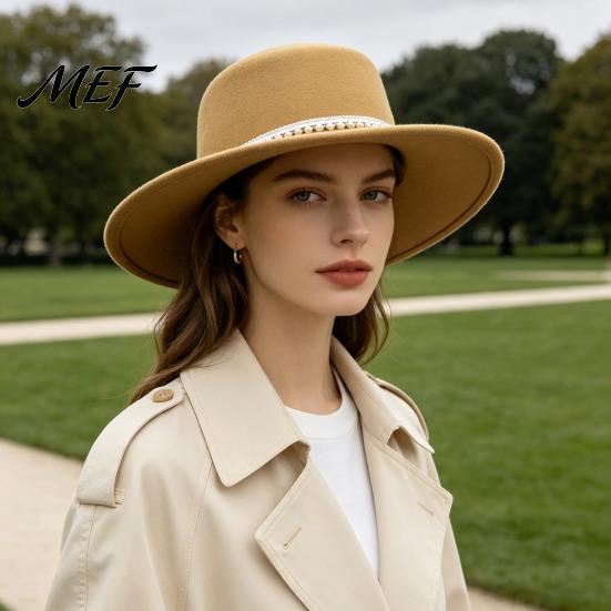 Dressy Winter Outfit Accessory Wide Brim Wool Felt Hat for Women, Vintage Flat Top Fedora Formal Dinner Party Headpiece with Faux Pearl Trim, Elegant