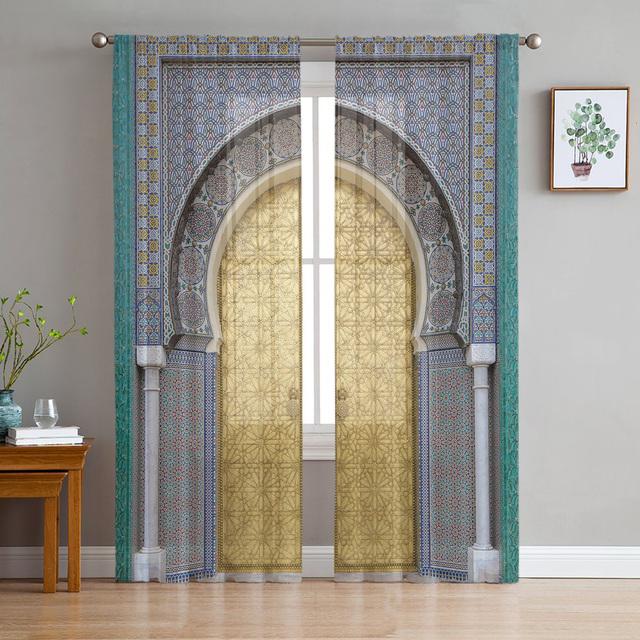 Morocco Gate Yellow Sheer Wall Curtain For Bedroom Tulle Voile Curtain For Kitchen Living Room Decor Window Treatment
