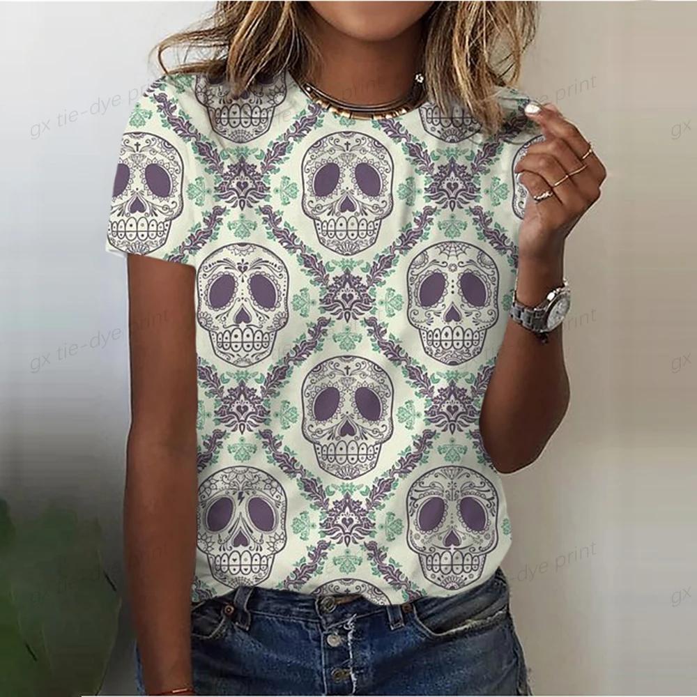 Summer Women 3D Scary Flower Skull Print T-Shirt Fashion Trend Tops Tees Ladies Casual Short Sleeve Clothing Vintage Streetwear