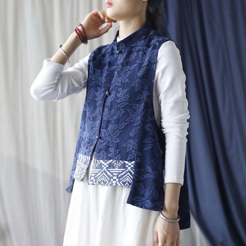 Johnature Женские винтажные жаккардовые темно-синие пуговицы в китайском стиле, осенние жилеты