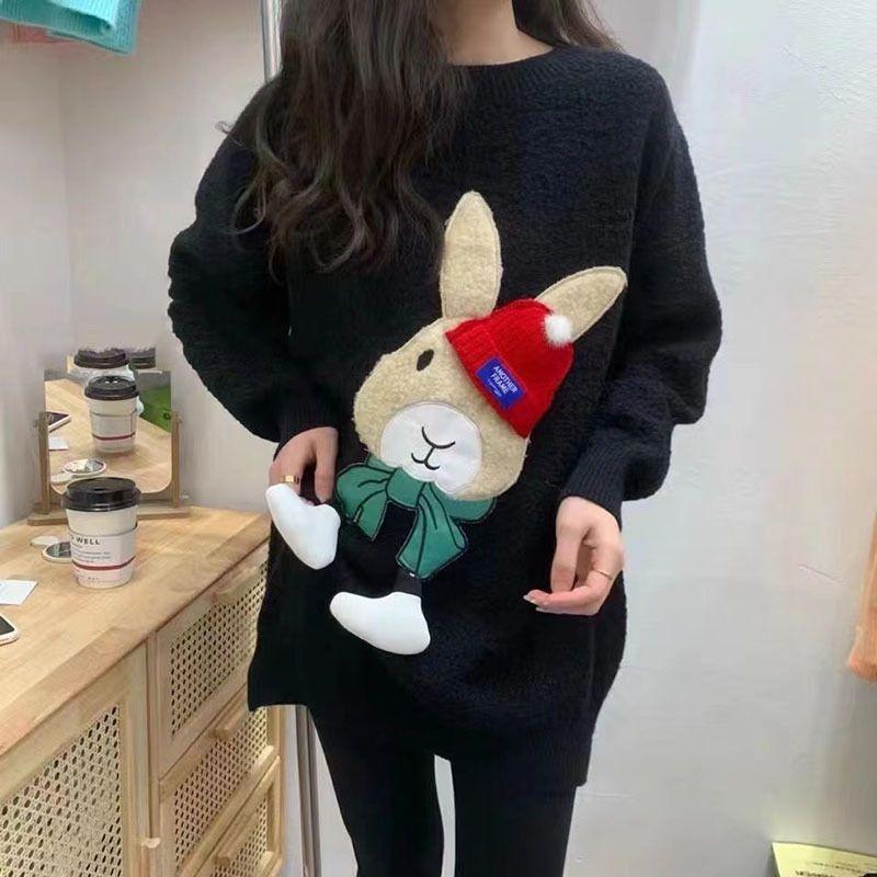 Женский свитер, пуловер, вязаный свитер с рисунком кролика, женский осенне-зимний свободный вязаный свитер с круглым вырезом, пуловер, женский топ