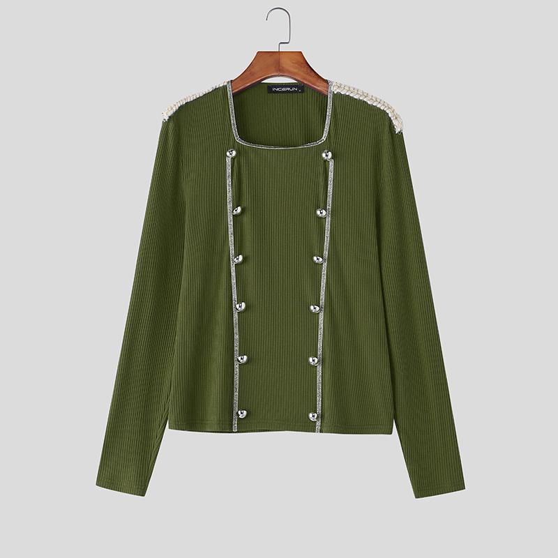 INCERUN Мужские футболки с квадратным вырезом, длинным рукавом, пэчворком, пуговицами, облегающие, укороченные топы