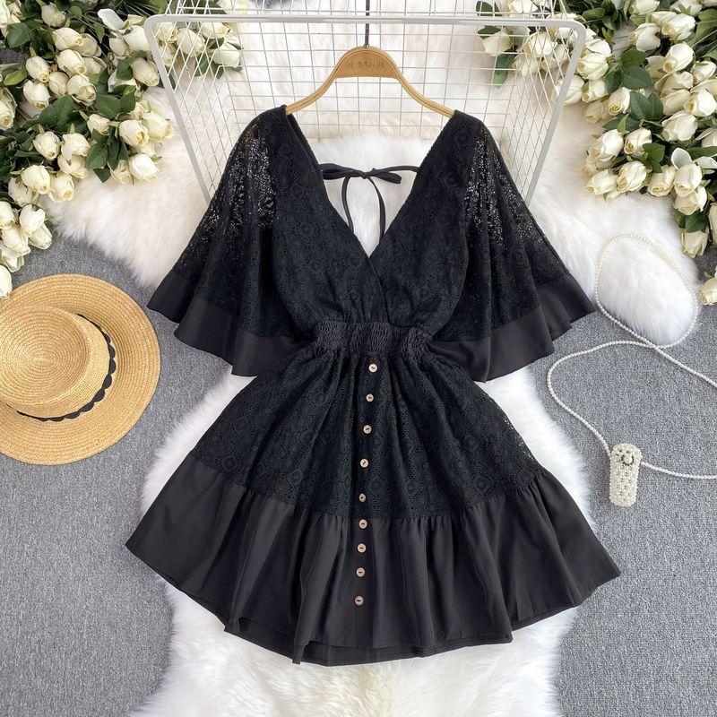 Vacation Style 2024 Summer New Arrival Niche Style Sexy Deep V-neck Lace Patchwork Waist-Slimming Sweet Flare Sleeve Dress