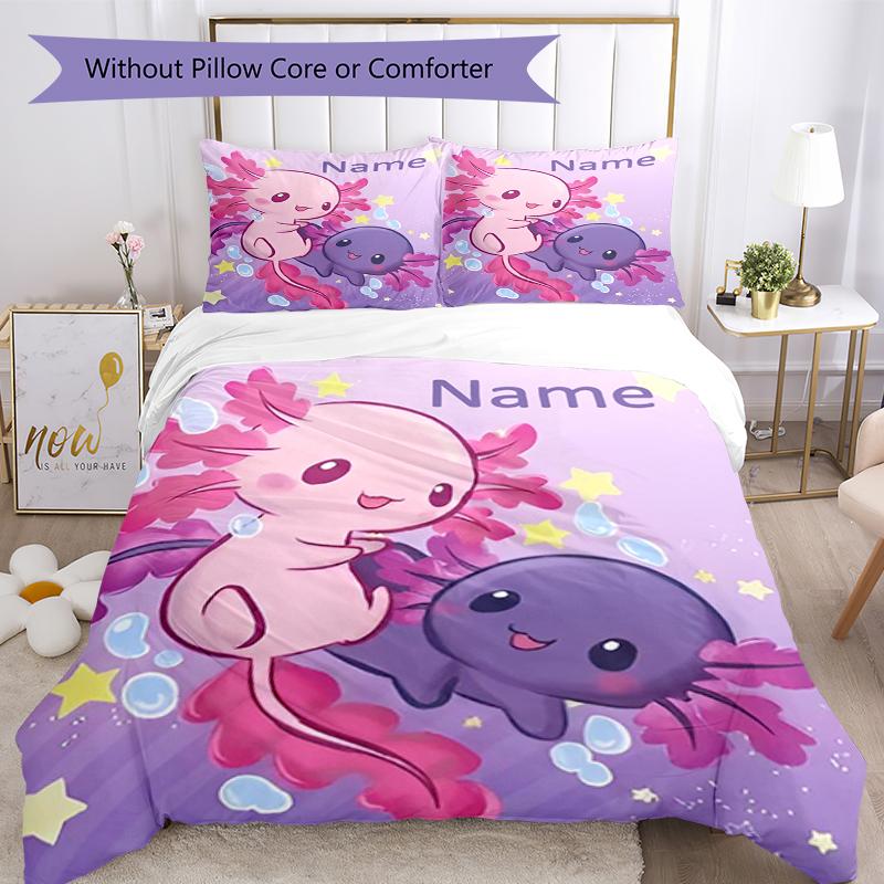 3pcs Custom Name Axolotl Bedding Set Duvet Cover Closure Includes 1 Duvet Cover & 2 Pillowcases, Soft and Comfortable for All Seasons.