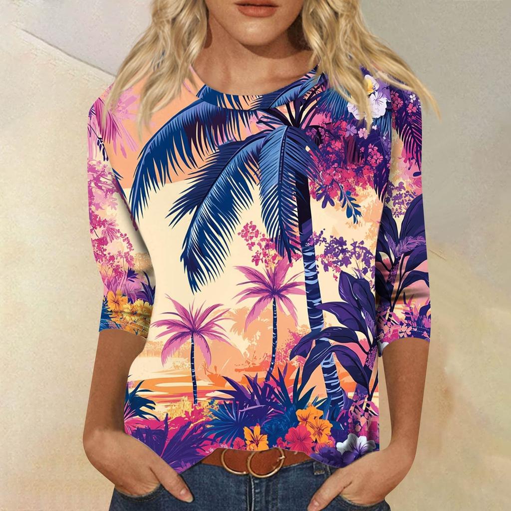 Женская модная повседневная свободная футболка с круглым вырезом и рукавами 3/4 с принтом, женский топ