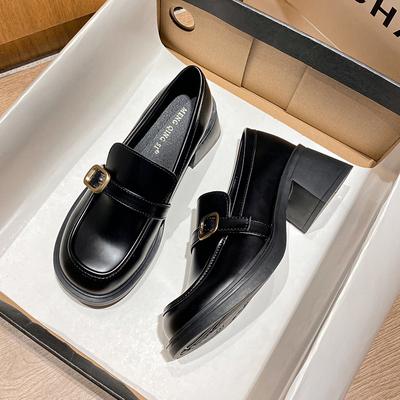 2024 Новые туфли из кожи в стиле ретро с круглым носком, весна-осень, толстый каблук, толстая подошва, одинарные туфли