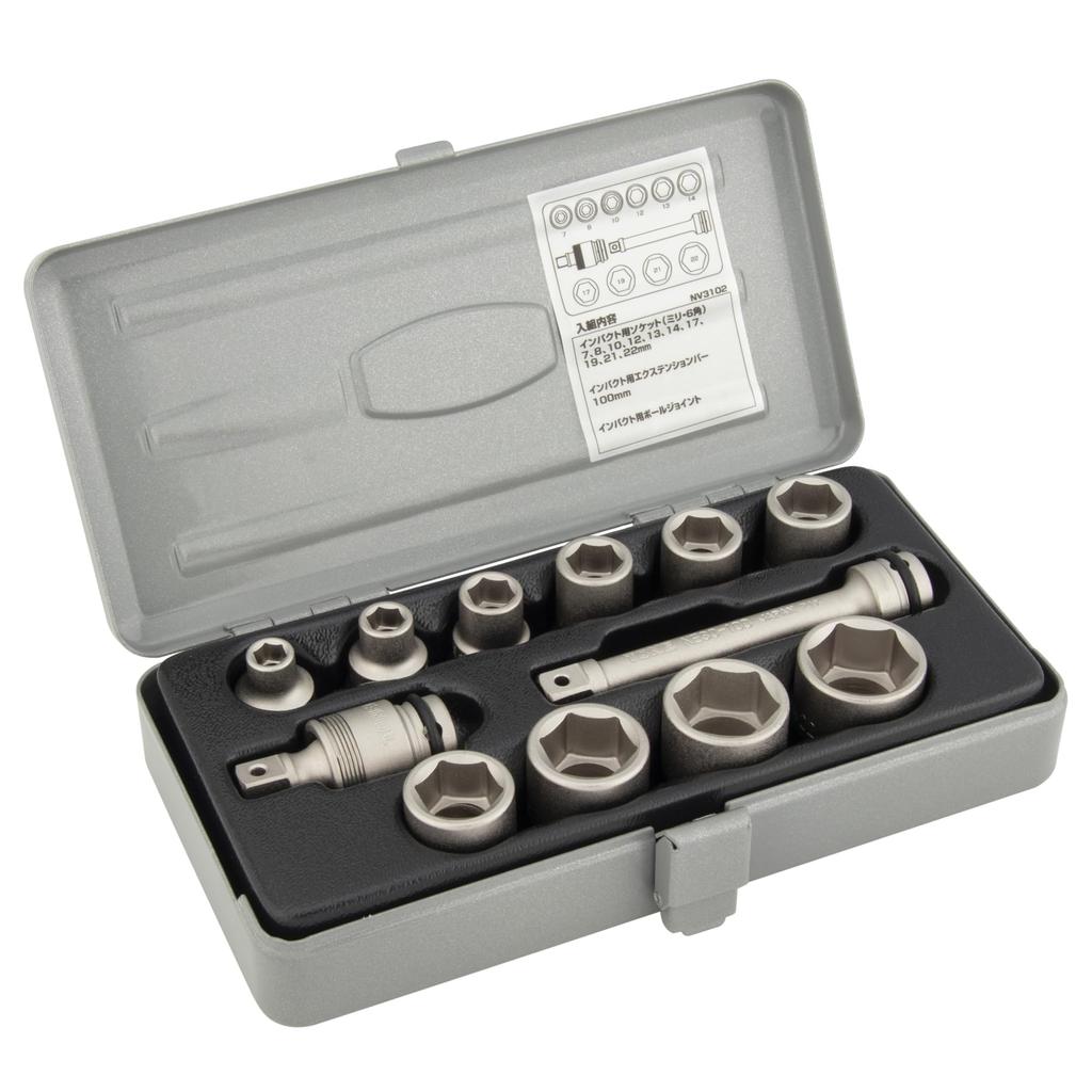 TONE Impact Socket Set Metal NV3102 Drive Angle Silver 12 Items (with Tray) 9.5mm (3/8") Contents