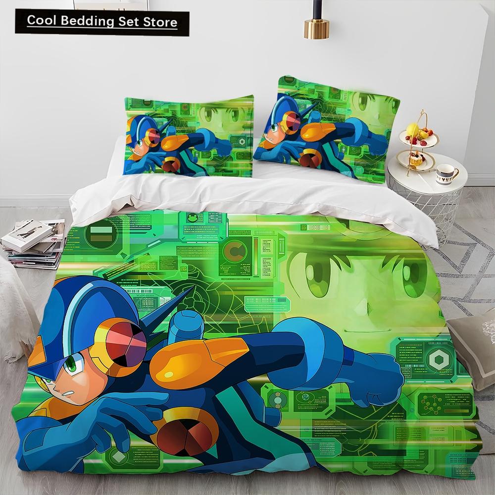 3D Рокмен Мегамен Игра Мультяшный Комплект Постельного Белья Одеяло Пододеяльник Наволочка,Королевский Размер Квинсайз Детский