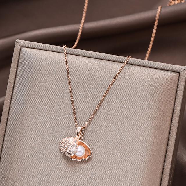 Korean Fashion Shell Pearl Necklace for Women Stainless Steel Creative Copper Micro -inlaid Marine Banquet Wedding Jewelry Gift
