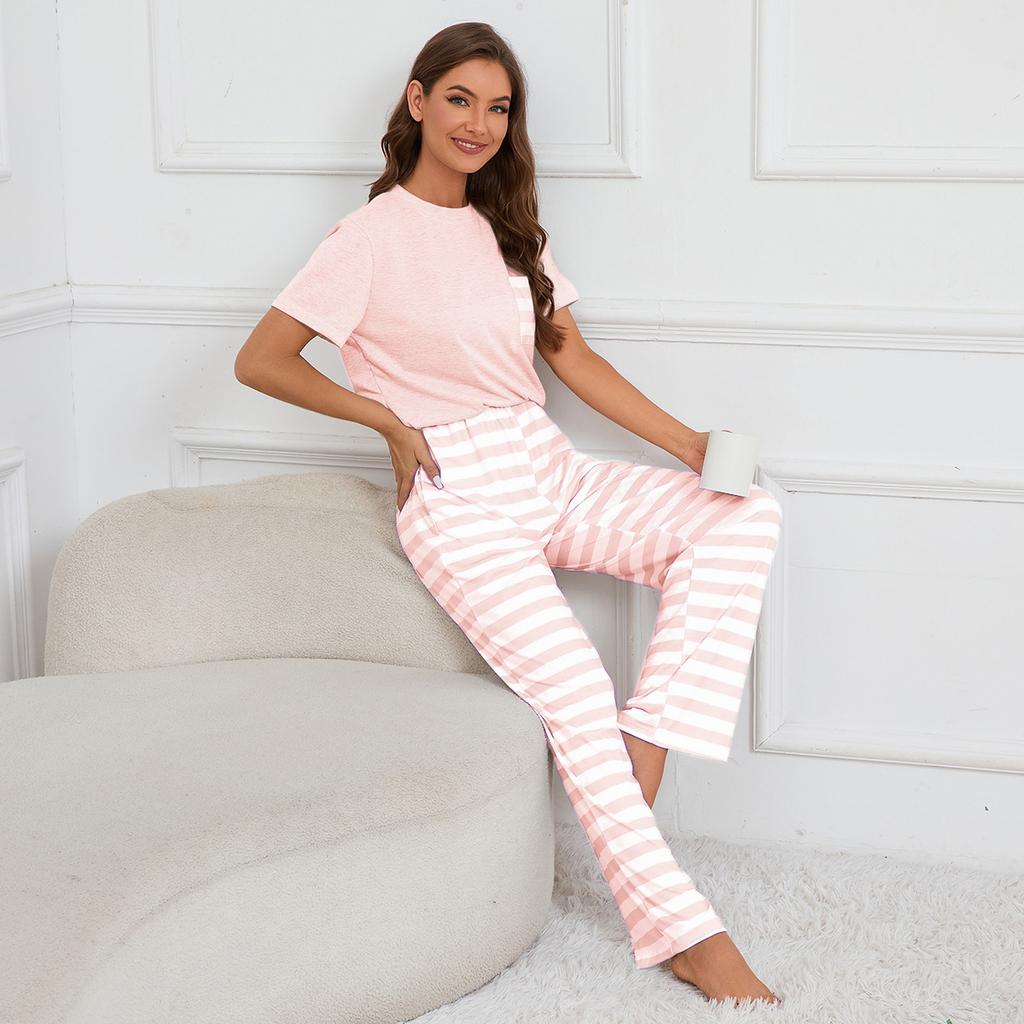 YYFS Женские модные повседневные летние весенние полосатые брюки с коротким рукавом и круглым вырезом, костюмы