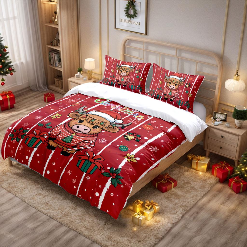3pcs Christmas Highland Cow Red Print correless quilt Set Multi Size Bedroom Bedding Holiday Decoration Soft Machine Washable