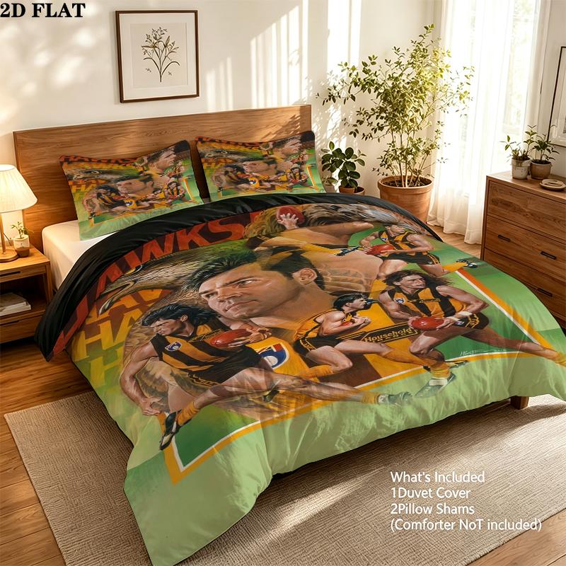 Hawthorn Football Club Pattern Bedding uilt Set uilt Cover Pillowcase Home Decoration Birthday Gift (1 * duvet cover + 2 * pillowcase without core)